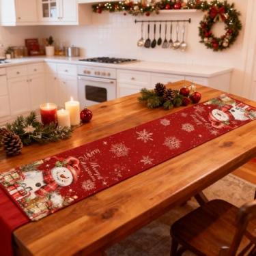 Imagem de Caminho de mesa de Natal, decoração de jantar de férias estilo vintage com design de Papai Noel e floco de neve para mesas festivas