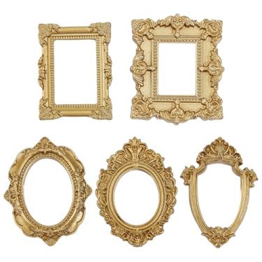 Imagem de NICENEEDED Mini porta-retrato vintage de resina, 5 peças, molduras pequenas de bronze, retangular oval para pendurar na parede, foto antiga para exibição de joias, festas de fim de ano, decoração de