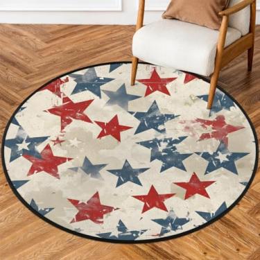 Imagem de Tapete redondo de 1,8 m com estrelas, retrô, vermelho, azul, macio, antiderrapante, lavável, tapete circular para quarto, berçário, sala de estar, cozinha, banheiro, entrada, decoração de casa