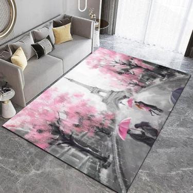 Imagem de EDGZKO Tapete de quarto cinza e rosa: Tapete de área da Torre Eiffel de Paris 3x5 Tapetes temáticos de Paris para sala de estar, decoração de casa, romântico Paris Street Tapete de aquarela para