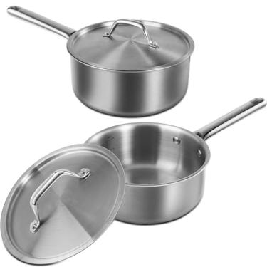 Imagem de Conjunto de panela com tampas, 3 camadas de aço inoxidável 1,5 QT e 3 QT, panelas de grau profissional, compatível com indução