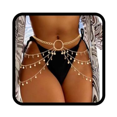 Imagem de Asooll Corrente de barriga dourada com lantejoulas em camadas, corrente para o corpo, biquíni, bijuteria, moda, praia, rave, festa, clube, acessórios de cintura, joias para mulheres e meninas