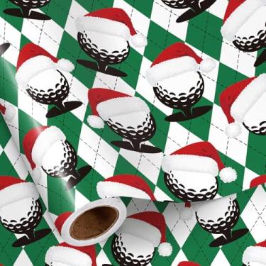Imagem de RUSPEPA Rolo de papel de embrulho de golfe de Natal, mini rolo, bola de golfe com design de chapéu de Papai Noel, embrulho de presente esportivo verde Argyle para férias, homens, meninos, amantes de