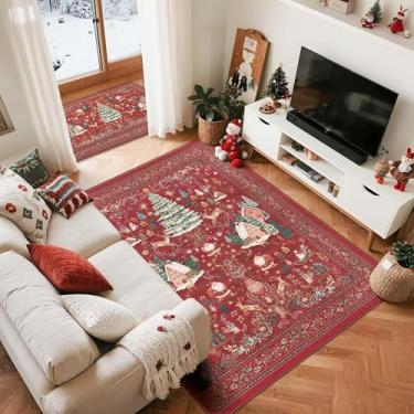 Imagem de Kokia Tapetes decorativos de Natal 20 x 25, tapetes vermelhos vintage para sala de estar, tapete lavável antiderrapante com Papai Noel, rena e árvore de Natal para decoração de férias de quarto de