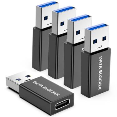 Imagem de Pacote com 5 adaptadores bloqueador de dados USB, bloqueador de dados USB C para iPhone 15 16 17 e para telefone Android ou iPad, um adaptador bloqueador de dados macho para C fêmea apenas para