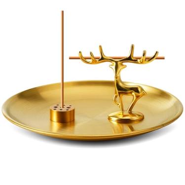 Imagem de Queimador de incenso de latão 3 em 1 – comporta bastões/bobinas/cones, 14 cm com apanhador de cinzas – para ioga, meditação e decoração de casa (veado + nove furos + disco)