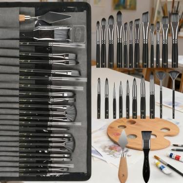 Imagem de Conjunto de 25 pincéis de pintura, série de artistas profissionais com tela plana, filbert, leque, adaga, língua de gato, redondo, ângulo, rigger para óleo, pinturas em tela acrílica, pintura facial