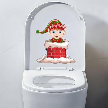 Imagem de Iprokiu Adesivo de banheiro de Natal chaminé Papai Noel rena elfo capa de assento de vaso sanitário decalque decoração de casa à prova d'água adesivo de parede de natal alce tampa de vaso sanitário