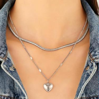 Imagem de Colar de corrente de camada dupla com pingente de coração em camadas romântico para esposa, mãe, 1 peça, 17.72inch, Aço de titânio, Sem Pedra Preciosa