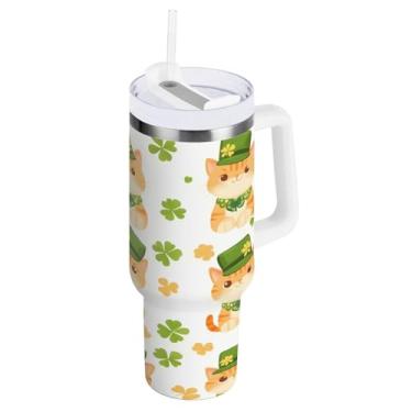 Imagem de STAYTOP Copo de gato fofo de 1,134 g com tampa e canudo, copo isolado de aço inoxidável durável à prova de vazamento com alça, garrafas de água à prova de derramamento para viagens