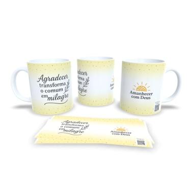 Imagem de Caneca de Cerâmica com Frases Motivacionais, Amanhecer com Deus, Amarelo e Branco, Design Pontilhado (20817)