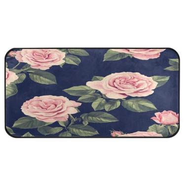 Imagem de Burbuja Tapete de cozinha rosa em azul marinho 51 x 99 cm, tapete lavável antiderrapante com suporte de borracha, tapete para cozinha, sala de estar, banheiro, decoração de casa