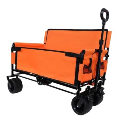 Imagem de Carrinho de carroça dobrável conversível com banco e armazenamento de 226 kg vagão utilitário resistente, rodas para todos os terrenos com capacidade de 180 L para acampamento, praia. (Laranja)