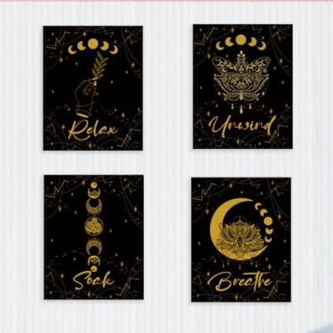 Imagem de 4 peças de pôsteres de fase da lua celestial preto e dourado para decoração de quarto, impressões de arte de parede espirituais lunares místicas, decorações de quarto com citação Boho Relax Breathe