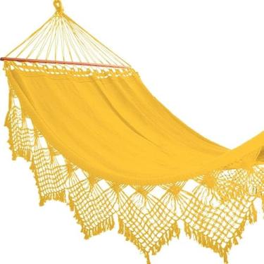 Imagem de Rede de Dormir Casal Grande com Madeira Luxo Reforçada para Descanso(Amarelo)