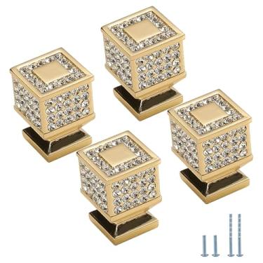 Imagem de Evionlin 4 puxadores de armário de cristal quadrado dourado puxadores de armário de cozinha puxadores de armário para armário de quarto puxador de gavetas