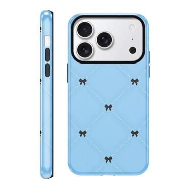 Imagem de FBHGLOA Capa para iPhone 17 Pro Max de 16,9 cm Kawaii Blue Bow Gingham Phone Case, Cool Luxury Pretty Aesthetic Bowknot Checkered Case 2 em 1 Capa xadrez resistente à prova de choque para mulheres e
