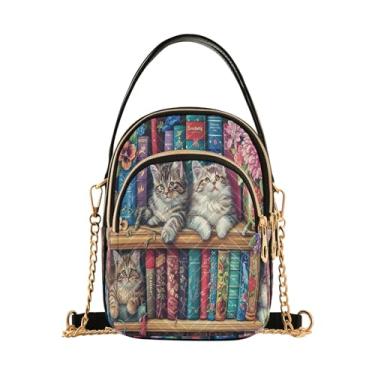 Imagem de Joisal Bolsa tiracolo de chocolate quente na moda bolsas pequenas para mulheres, bolsa tiracolo feminina, Gatos na estante, 15*21*8cm