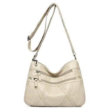 Imagem de Bolsas transversais de couro para mulheres, bolsa de ombro de couro macio com vários bolsos com alça ajustável, 25 x 18,8 x 11 cm, Bege, Medium, Bolsa tiracolo