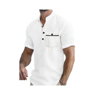 Imagem de Camisa Masculina De Algodão Respirável, Cor Sólida, Design Com Bolso, 