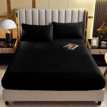 Imagem de Lençol de colchão com bolso extra profundo, lençol de elástico de cor sólida, capa protetora de colchão, tecido macio respirável, enrugado, para cama de casa e hotel - preto ||200 * 220 cm