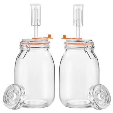 Imagem de Glolaurge Frasco de fermentação de 1,8 litros, frasco de fermentação de vidro de boca larga com travas de ar e pesos para fazer chucrute, kimchi, picles, hidromel, cidra e mais, pacote com 2