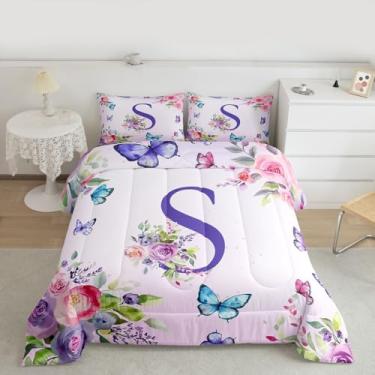 Imagem de jejeloiu Conjunto de edredom solteiro com borboletas lindas para meninas, adolescentes, letra P, monograma, decoração de quarto, 2 peças com 1 fronha