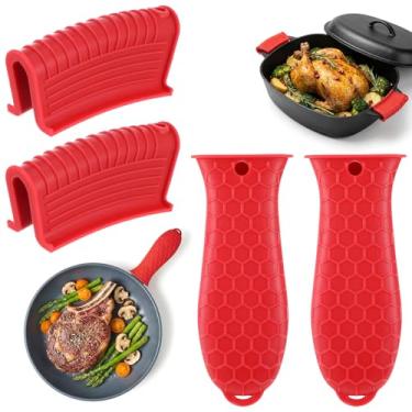 Imagem de Grevosea Pacote com 4 capas de alça de panela de ferro fundido, capas de silicone resistentes ao calor, antiderrapante, de ferro fundido, capa de frigideira, para frigideiras, utensílios de cozinha