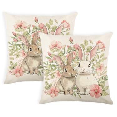 Imagem de yeshttdy Capas de almofada de flor rosa primavera Páscoa 50,8 x 50,8 cm conjunto de 2 capas de almofada decorativas coelho capa de almofada decoração de primavera para sofá sofá quarto