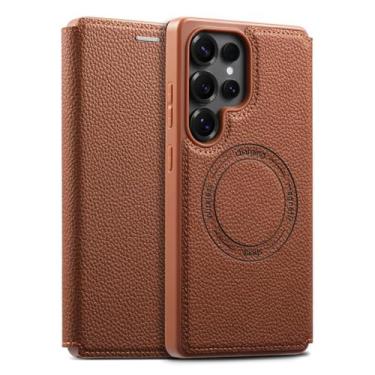 Imagem de POYUFRG Capa magnética para Samsung Galaxy S25 Ultra/S25 Plus/S25, capa carteira fina com função de suporte, capa de couro padrão de lichia, marrom, S25
