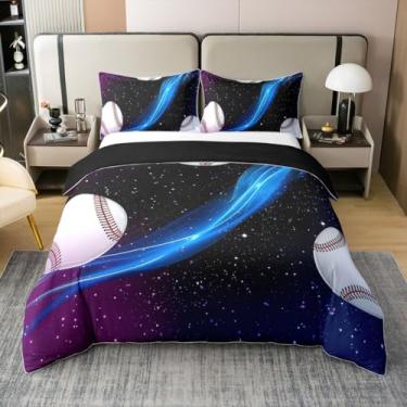 Imagem de jejeloiu Capa de edredom de beisebol, 100% algodão, Queen, para meninos e meninas, jogo de cama, respirável, macio, galáxia, espaço, 3 peças, decoração de quarto, microfibra com fecho de zíper