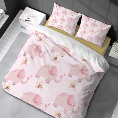 Imagem de Conjunto de cama de elefante fofo rosa tamanho solteiro para crianças, meninos, quarto, conjunto de capa de edredom com estampa de animais flores e meninas 155 x 220 cm -80 x 80 cm * 2