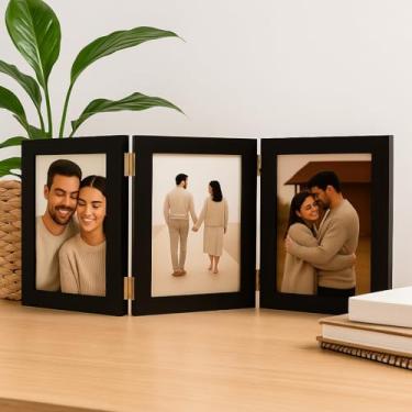 Imagem de Porta-Retrato Articulado de Madeira com Vidro – Moldura para Fotos 10x15, Porta Retrato Decorativo para Mesa, Sala e Quarto(Preto)