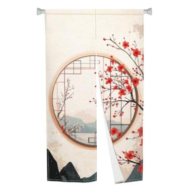 Imagem de Leowefowa Cortina Japonesa Noren Porta Janela Flor Vermelha Tratamento Feng Shui Cortina Longa Tapeçaria Painel para Divisor de Quarto Cozinha Decoração Chinesa (Kahki, Montagem), 85 cm x 180 cm
