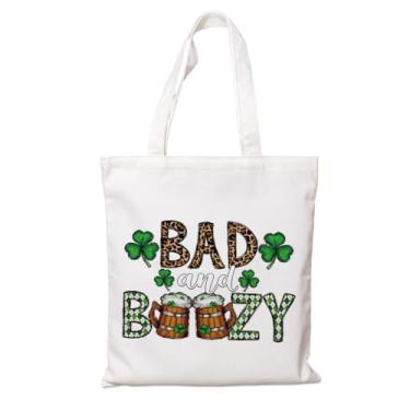 Imagem de Sacola de lona do Dia de São Patrício, sacola de compras reutilizável com estampa de cerveja Bad and Boozy, bolsa de lona divertida para festas de fim de ano irlandês