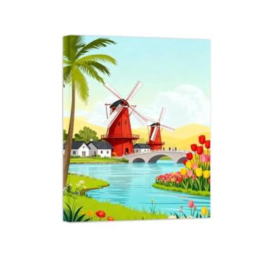 Imagem de Pôster paisagem - Rio Moinho Vento Holandês - Impressões em Tela - Imagem Moderna Natureza para Sala de Estar Decoração 50x65cm Tela Embrulhada