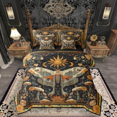 Imagem de Erosebridal Conjunto de cama de solteiro Mystical Luna Moth em uma bolsa, conjunto de edredom de cogumelo mariposa de Halloween com lençóis, boêmia, floral, preto, 7 peças, para adolescentes e