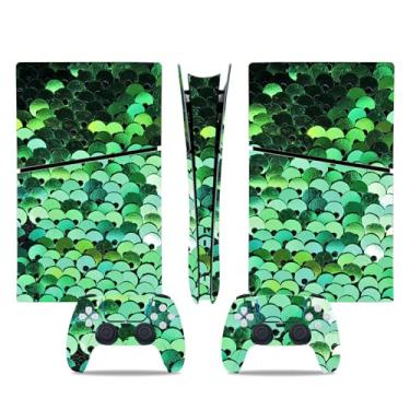 Imagem de Capa de decalque para disco Ps5, capa adesiva de vinil de corpo inteiro para console e controle PlayStation 5 (edição de disco PS5, Blue Lightning) (glitter verde claro, PS5 Slim Digital)