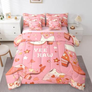 Imagem de Conjunto de edredom queen do oeste rosa para adolescentes e mulheres, com lençol de cima e lençol com elástico, 7 peças, botas de vaqueiro, lençol com elástico, conjunto de edredom e botas de caubói