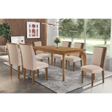 Imagem de Sala Jantar Mesa Londrina Tampo Curvo 180cm+6 Cadeiras Tilia Madeira Naturale - Capuccino/Suede Creme - Rufato