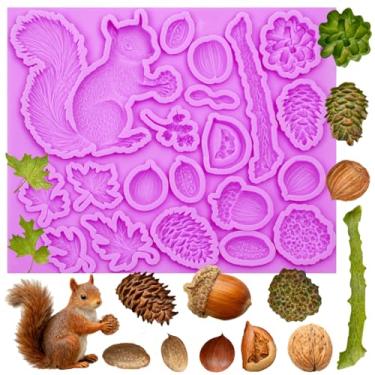 Imagem de Moldes de silicone de outono, moldes de esquilo bolotas pinheiro fondant cones flores nozes folhas de bordo molde de cozimento de chocolate para decoração de bolos topo de cupcake doce polímero argila