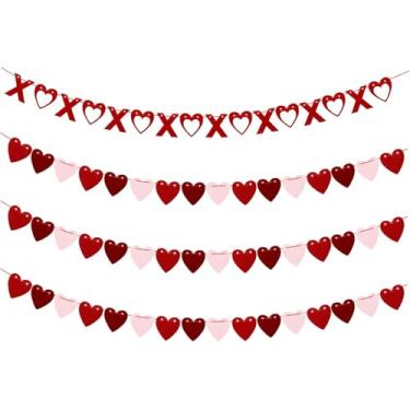 Imagem de 4 peças Guirlanda de feltro de coração para dia dos namorados 2,8 m, faixa vermelha e rosa de coração para decoração de dia dos namorados, para porta de casa, parede, casamento, festa de aniversário