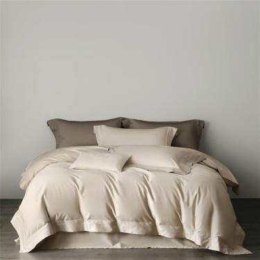 Imagem de Conjunto de cama em cetim de algodão, cor sólida, macio e sedoso, com capa de edredom, lençol de baixo, lençol de baixo com elástico e fronhas, cáqui claro. Lençol de baixo com 1,8 m de largura.