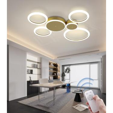 Imagem de Luminária de teto LED dimerizável preta/dourada com design moderno e criativo em formato de anel, com controle remoto, iluminação suave para os olhos, ideal para sala de estar, quarto e escr