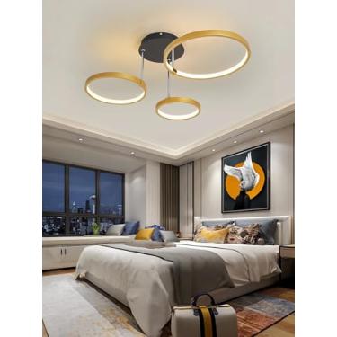 Imagem de Luminária de teto LED regulável, moderna, para interiores, com design redondo em metal, ideal para sala de estar, quarto e sala de jantar. Possui controle remoto e é perfeita para decoração.
