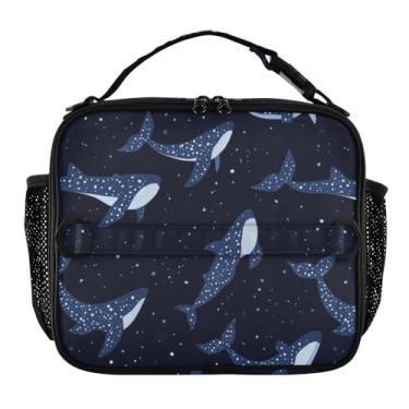 Imagem de Caikeny Lancheira infantil com isolamento térmico de tubarões baleia para meninos e meninas, azul marinho, portátil, reutilizável, lancheira com suporte para garrafa de água