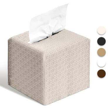Imagem de Capa de caixa de lenços de couro PU suporte quadrado com cinto inferior organizador de papel facial dispensador para mesa, banheiro, carro, escritório (bege)