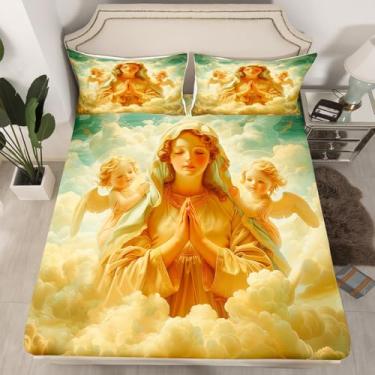 Imagem de Jogo de cama Queen Angel Santa Mãe, Mary Bless, 3 peças, para decoração de quarto de crianças, meninas, meninos, adultos, céu céu nuvens, cristão, lençol com elástico alto, 2 fronhas