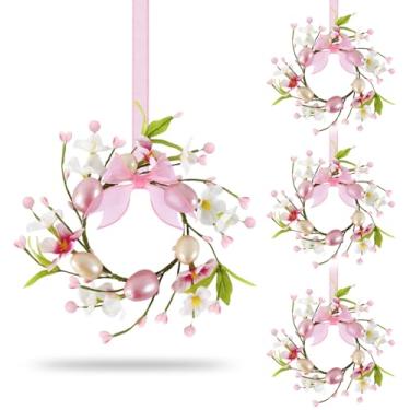 Imagem de 4 grinaldas de Páscoa pequenas para armário de cozinha, mini guirlanda artificial de flores de ovo de páscoa para porta da frente primavera verão guirlanda suspensa com fita rosa para decoração de