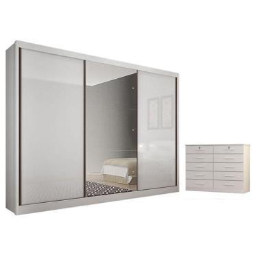 Imagem de Guarda Roupa Casal Sonetto Com Espelho E Gaveteiro Milão Com Chave Neve - Novo Horizonte